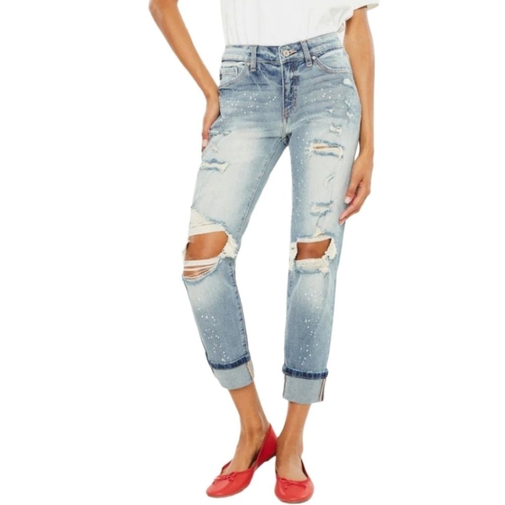 KanCan USA Distressed Light Wash Cuffed‎ Cropped Jeans Size 29